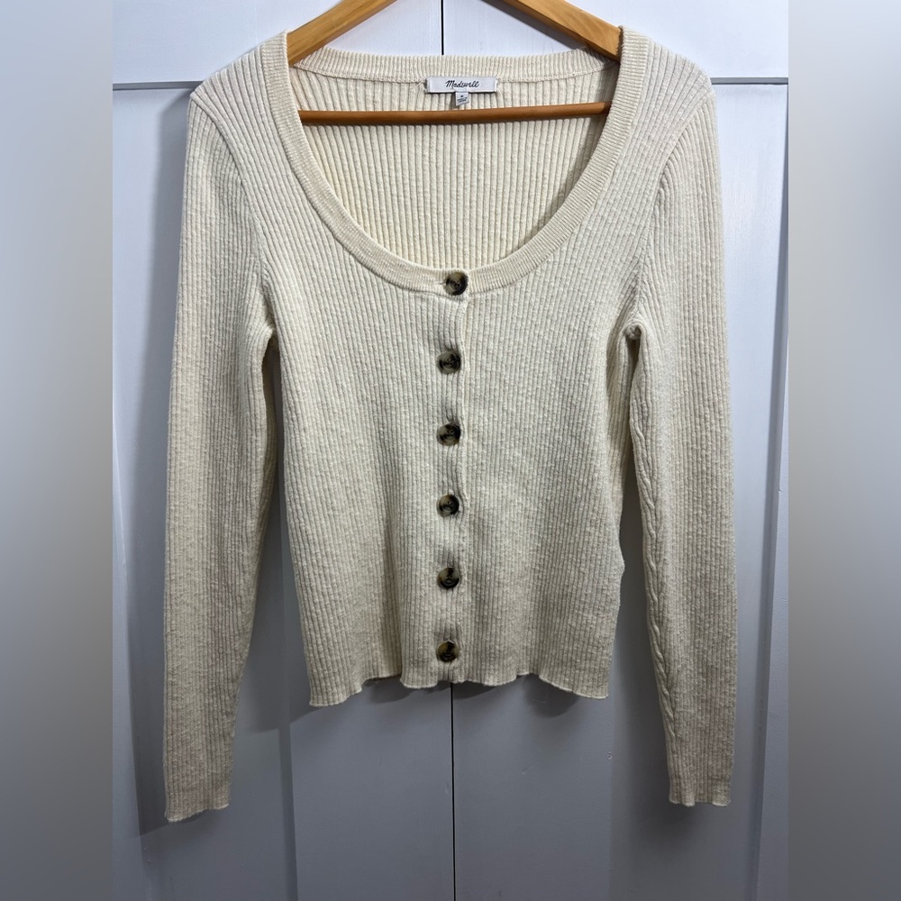 Madewell Ribbed Button Front Top | Cream Fitted Knit Long Sleeve M
